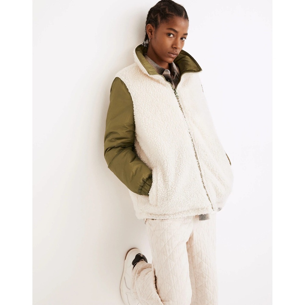 Madewell Women's Reversible Sherpa Puffer Jacket Colorblock Green Size Small - Picture 13 of 13